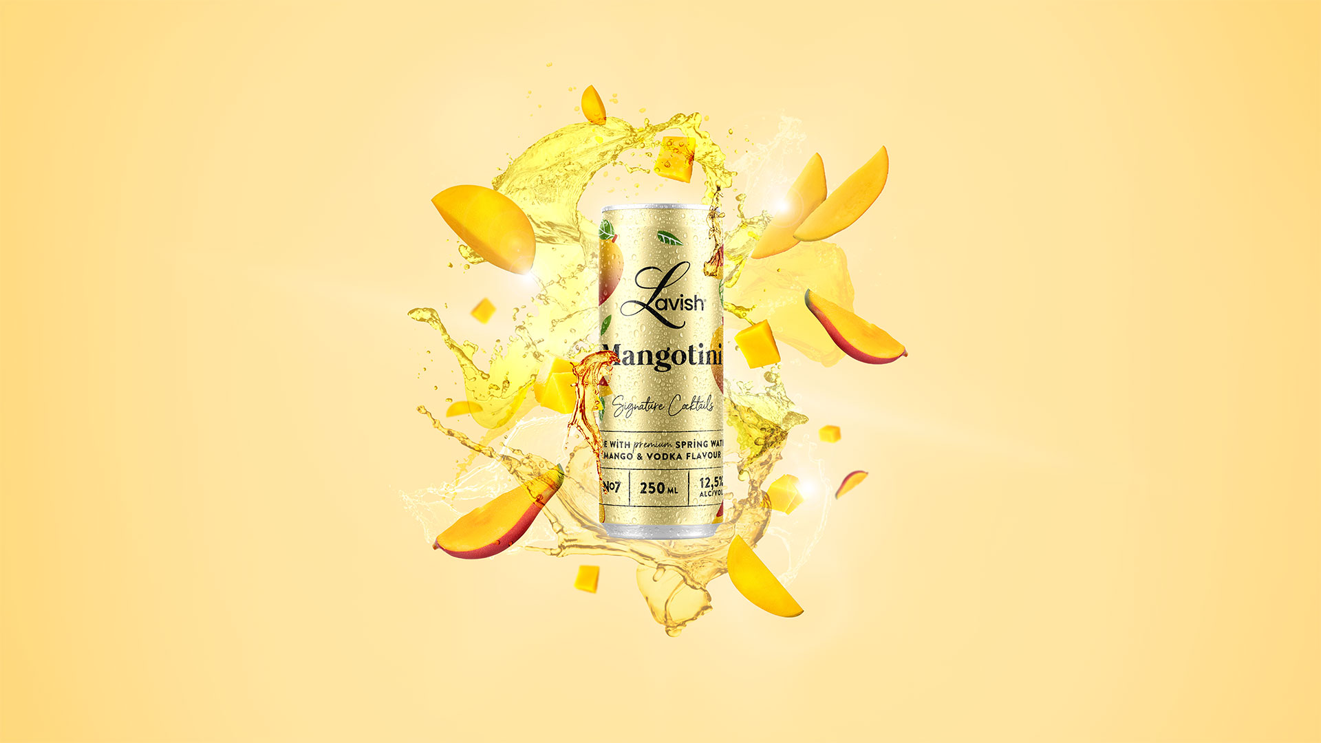 Кен Lavish Mangotini с парчета манго на златисто-оранжев фон